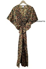 Indian Beige Cotton Loose Sleeve Flower Print Free Size gypsy maxi Caftan Dress
