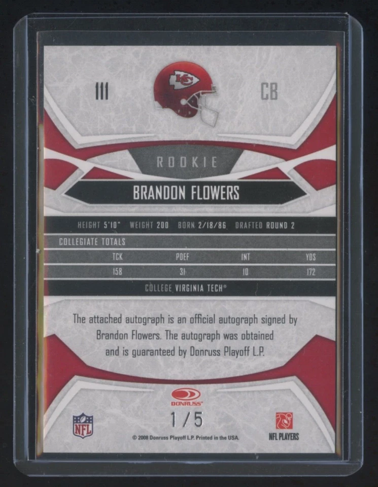 2008 DONRUSS GRIDIRON BRANDON FLOWERS RC AUTOGRAPH HOLOFOIL #ED 1/5 CHIEFS  RARE - Image 2 of 2