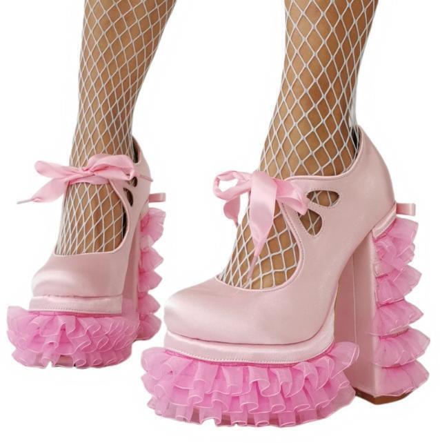 Women's Round Toe Pink Sweet Lolita Lace Chunky Heels