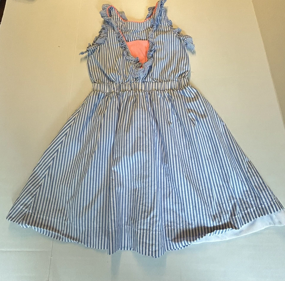 Crewcuts Girls Blue White Stripe Dress Ruffle Pink V Back Size 10 Lined Bottom - Image 3 of 4
