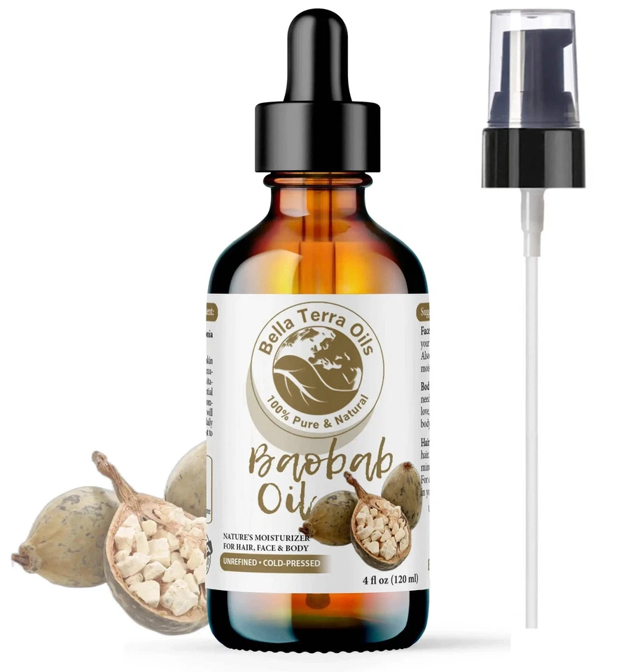 BELLA TERRA OILS Organic Cold-Pressed Baobab Oil 100% Pure Skin Hair Face Nails Treatment