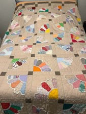 Vintage Handmade Qtr Dresden Plate Quilt 104x93 Feedsack Fan w Matching Shams