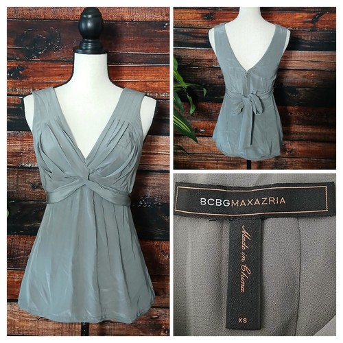 BCBGMAXAZRIA Top Size XS 100% Silk Silver Pleated Tie Back Zip Lined Blouse
