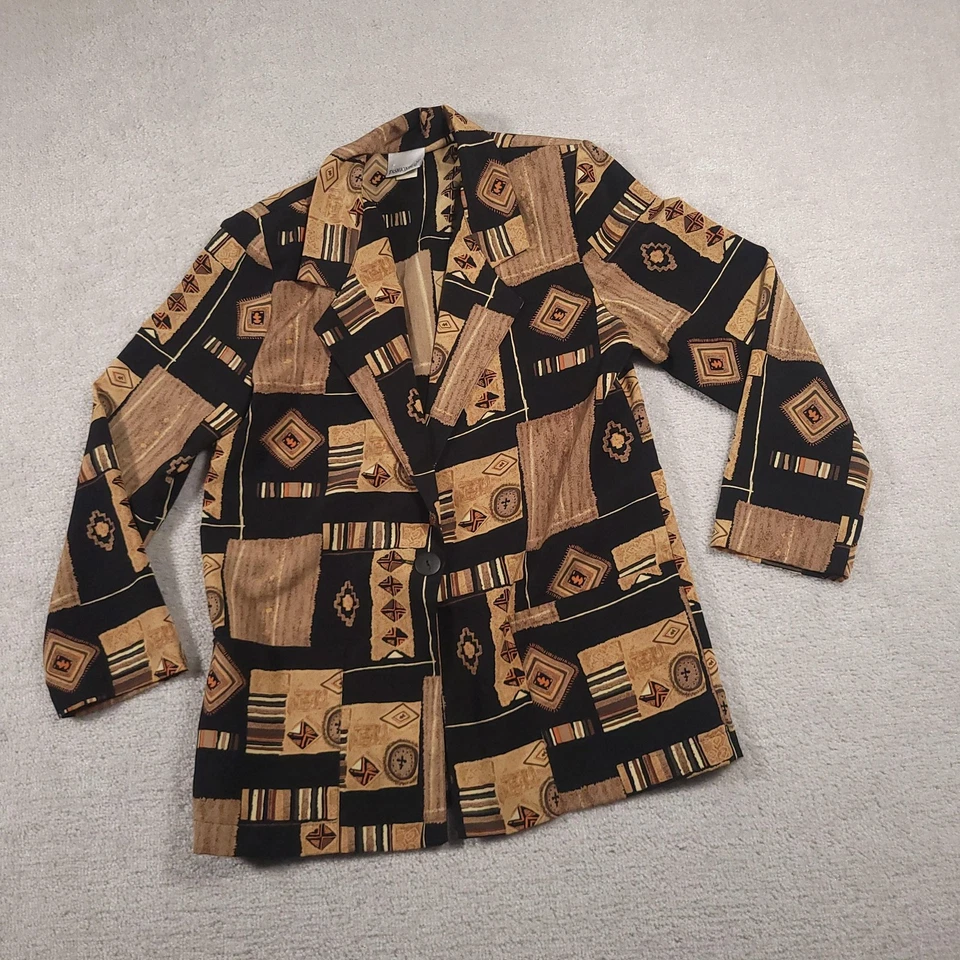 Vintage Fashion Bug Blazer Womens Small Black Tan Geometric Patchwork Jacket 90s - Image 2 of 4