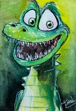 ACEO Whimsical Crocodile Art Funny Cartoon Grin Sharp Teeth Acrylic Painting NEW