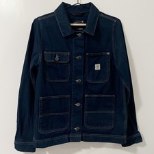 Carhartt Womens Denim Chore Coat Dark Wash Blue Utility Jacket Button Front