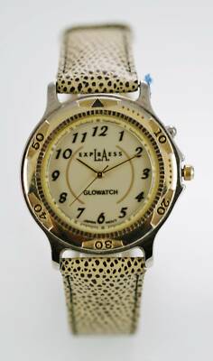 L A Express Uhr Herren Edelstahl Silber Gold Beige Geflecktes Leder Leicht Quarz