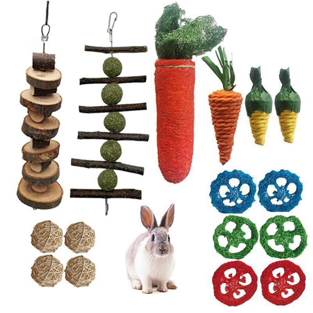 16pcs Natural Bunny Chew Toys Set Apple Wood Grass Ball for Rabbit