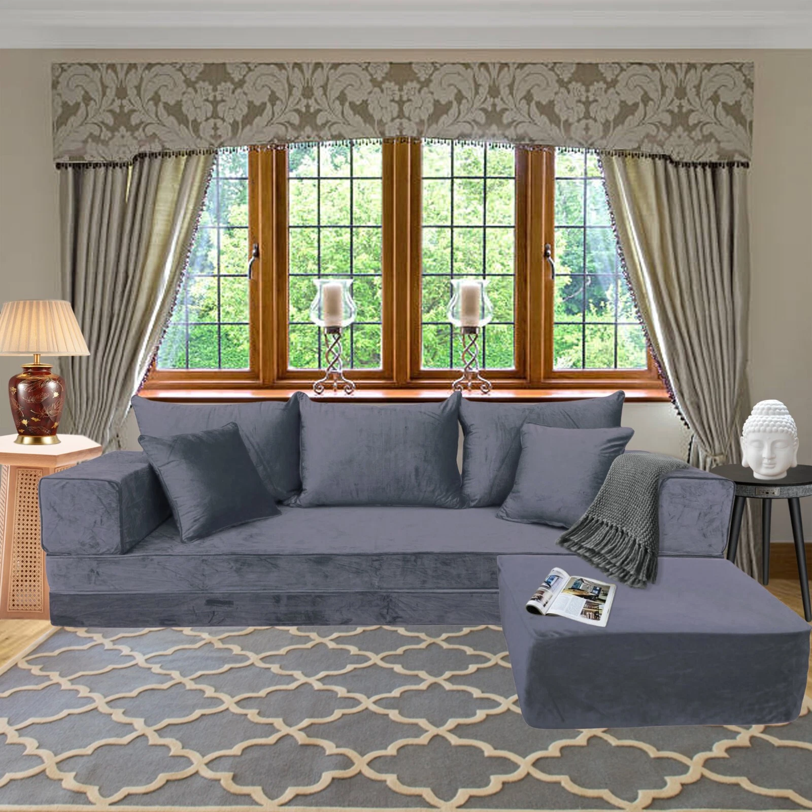 Arabic MAJLIS Sofa | Corner HANDMADE Grey Velvet SOFA Set | Boho FLOOR Cushions
Opens in a new windo