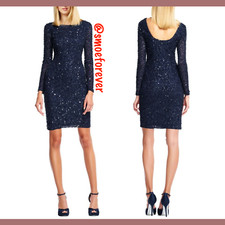 NEW Adrianna Papell Sequin Long SleeveScoop Back Dress in Navy Blue [SZ 2 ] M293