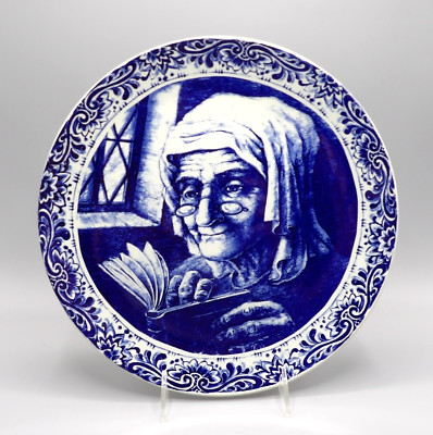 BCH16 by La Louviere Boch Freres Keramis Delft Blue Wall Plate Old Woman Reading