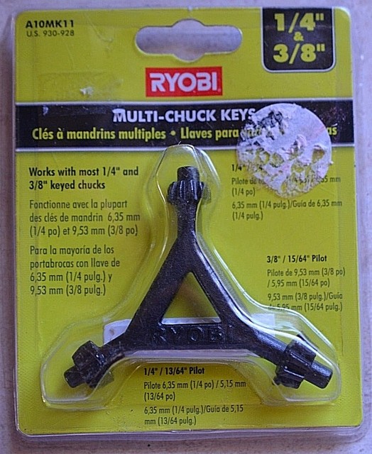 3 in 1 Ryobi 1/4" & 3/8 in. Black Metal Chuck Key A10MK11 13/64 15/