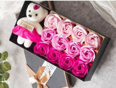 Künstliche Rose Blumen Bär Geschenkbox Pink