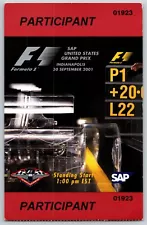 2001 F1 SAP Grand Prix Participant Ticket Stub Indianapolis IMS Formula One 