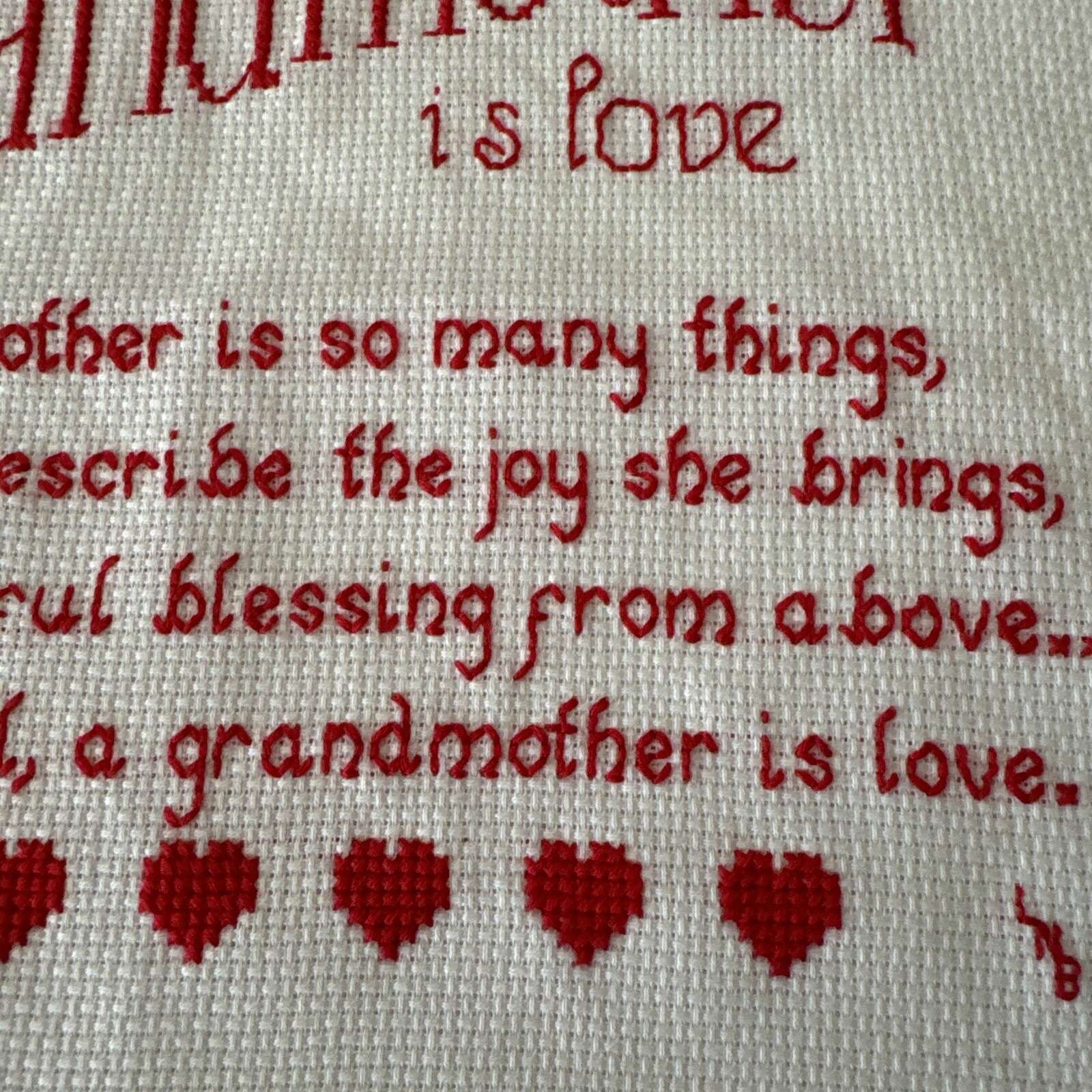 Cross Stitch Sampler Red Unframed Completed Grandmother Is Love Birthday Gift