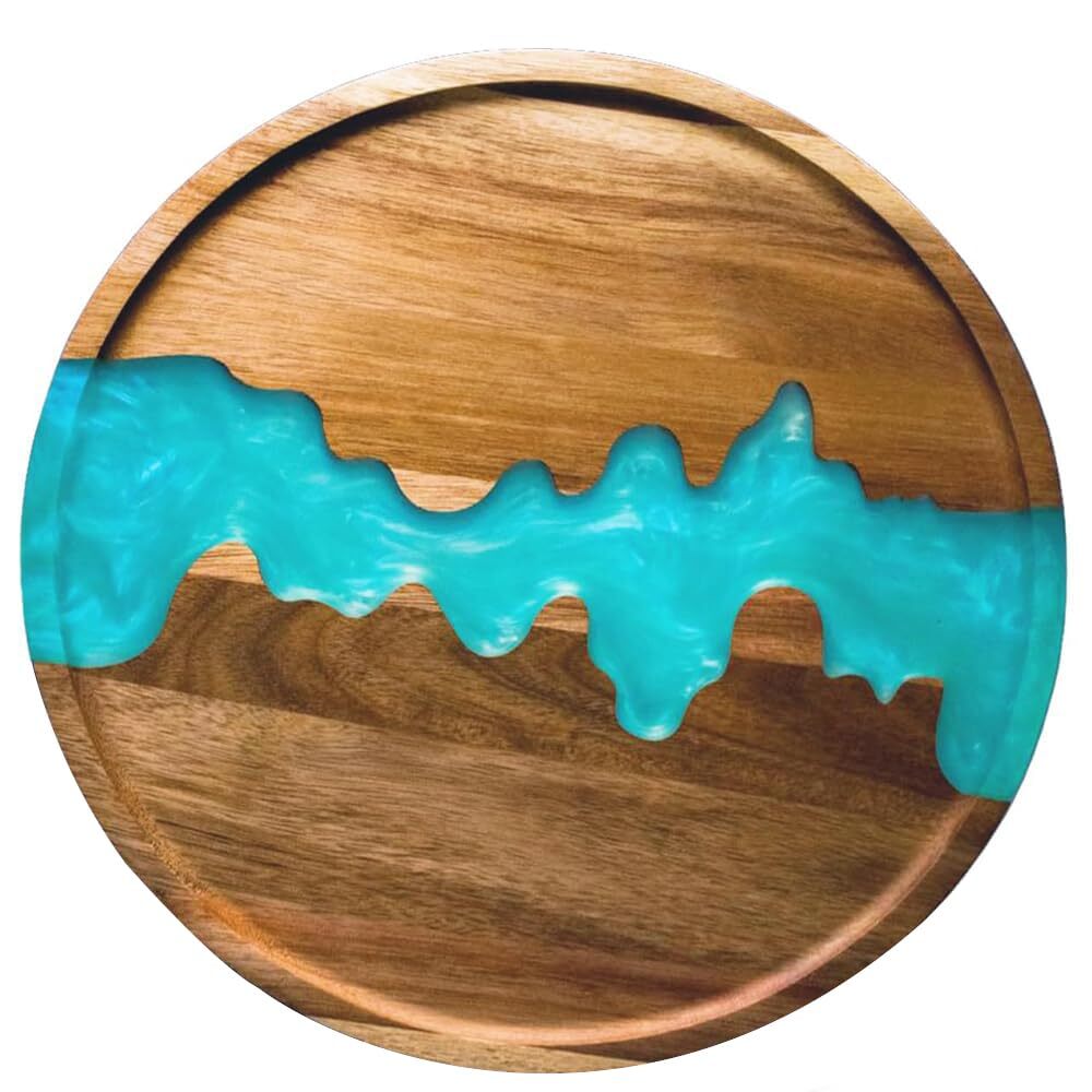 Celeste Blue Resin and Acacia Wood Round Serving Tray - Modern Elegance