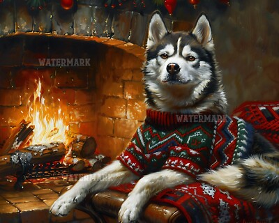 #ad Siberian Husky in Christmas Sweater by Fireplace 8x10 Matte Print $17.00