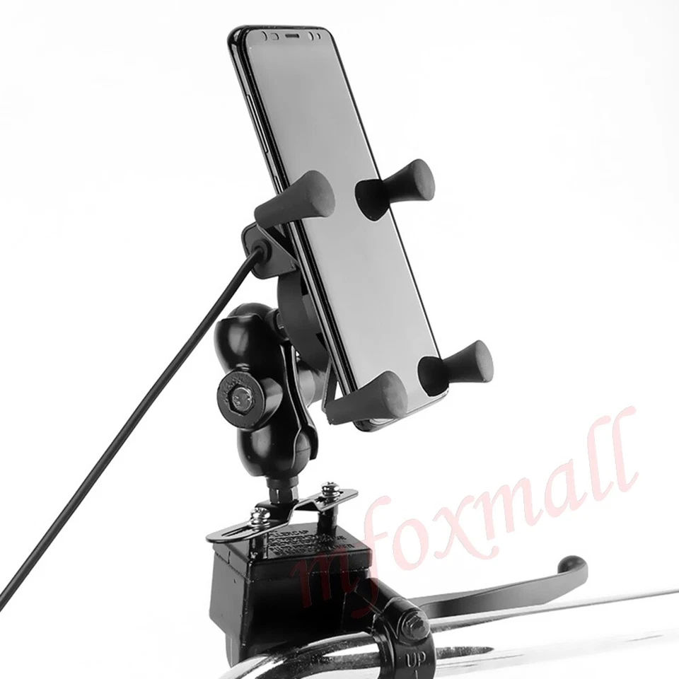 X Grip Mount With USB Charge Mobile Phone Holder For Motorcycle Bike Universal - Image 3 of 4