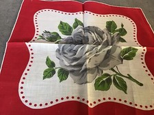Vintage Red Border Grey Roses Hankie VGC 