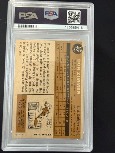 1960 Topps - Don Zimmer #47 PSA 5 - Photo 2 sur 2
