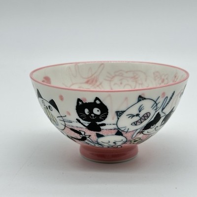 Japanese Rice Soup Noodle Bowl Coral Red Sumi Cat Made in Japan