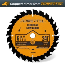 POWERTEC 6-1/2" Circular Saw Blade, 5/8" Arbor, 3/32" Kerf, 24-Tooth