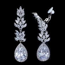 Silver Plated Long Bridal Clip On Non Pierced Earrings Women CZ Zirconia Jewelry