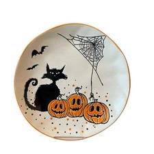 ELI & ANA Halloween Salad Plates 8in Black Cat Bats Pumpkins Set of 2 New