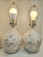 2 Stonewear Pottery Table Lamps Hand Thrown Painted Iris  Signed Vtg 1980's 