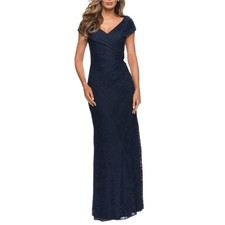 LA FEMME Navy Blue Off Shoulder Ruched Lace Trumpet Gown Wedding Guest Dress 16