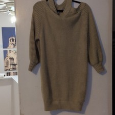 Beige Knit Cut-Out Sweater Dress V-Neck Knee Length Pullover 3/4 Sleeve