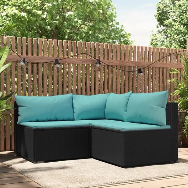 Garten Lounge Set Aus Poly Rattan Schwarz 3 Teilig Mit Kissen-image