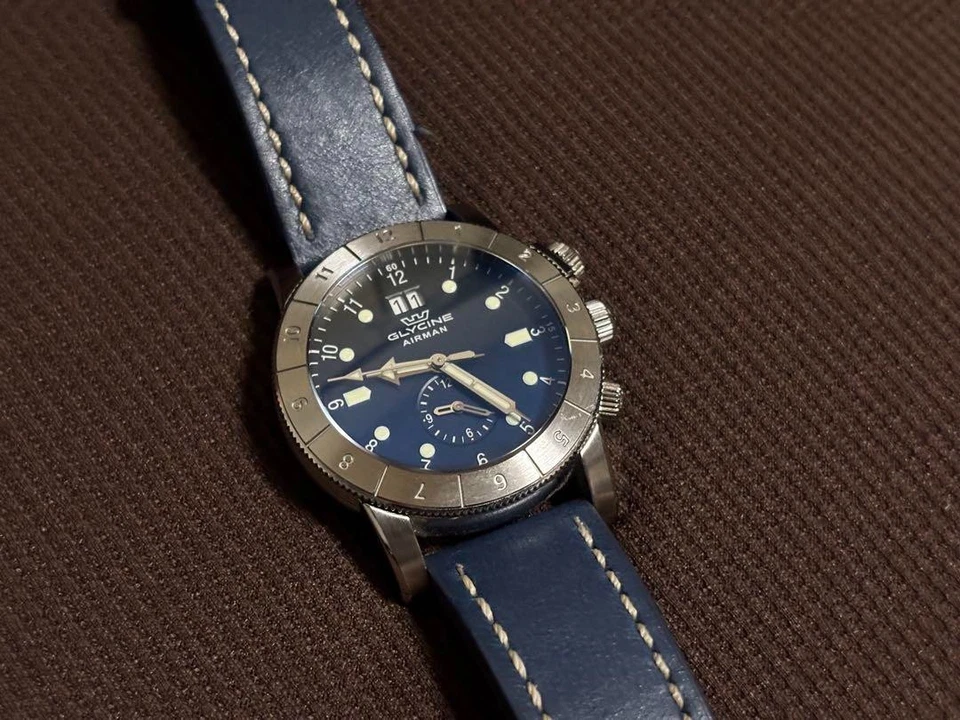 GLYCINE Airman GL0150 Quartz Watch Navy Dial Stainless Leather Strap Working JP - Image 3 of 4