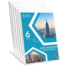 Acrylic Sign Holder 6 Pack 8.5x11 Slant Back Acrylic Stands for Display Plexi...