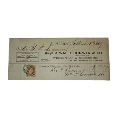1869 NYC Wine & Tea Invoice w/ Revenue Stamp   Wm S Corwin to G. N. Lawrence