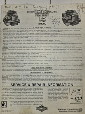#ad #ad Briggs and Stratton Operating and Maintenance Instr Manual 92500 92900 110900 $11.00