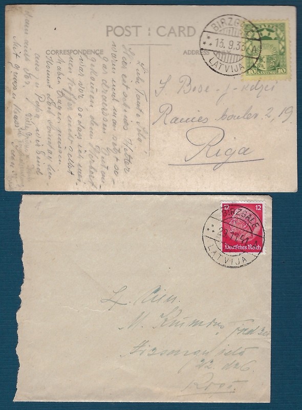 LATVIA: 1932 Postcard from BIRZGALE; Small Place, Two Different Cancel Types