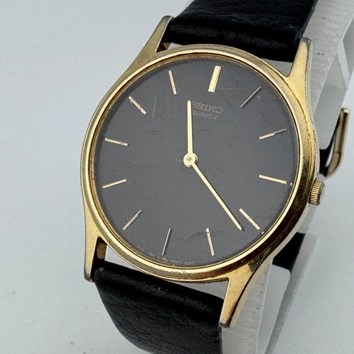 VTG Seiko Quartz Watch 5Y30-7A79 Men Gold Tone Thin Leather Analog New Battery