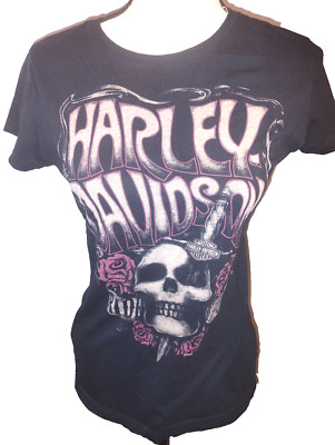 Harley Davidson Woman Medium Black Sequin Skull Motorcycle Rose Thunder Oklahoma
