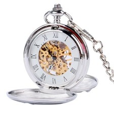 Silver Smooth Mechanical Double Full Hunter Skeleton Pocket Watch Mens Xmas Gift