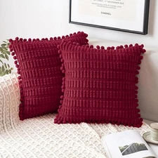 MIULEE Wine Red Corduroy Decorative Throw Pillow Covers PK of 2 Pom-pom 18X18''