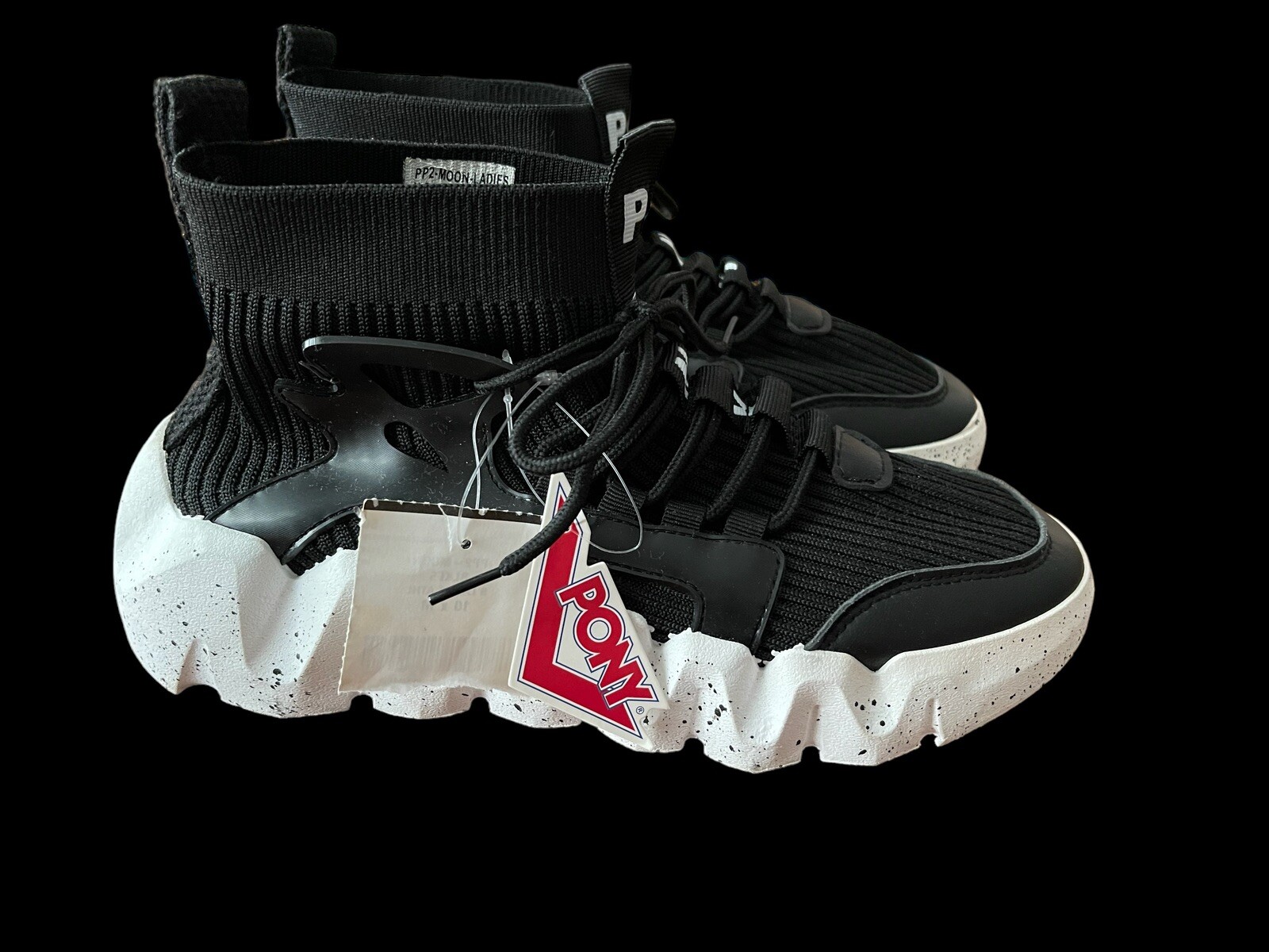 Scarpe da ginnastica nuove con etichette Pony donna PP2 Moon Bootie sneakers taglia 10 BLKF5 nere NUOVE