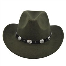 Dark Green Western Cowboy, Cowgirl Hat, Black  Silver Strap Men Women Wide Brim