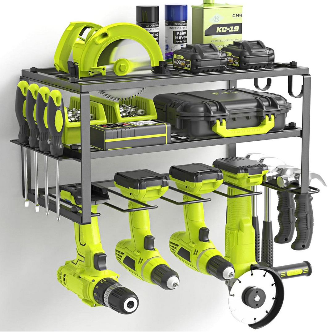 Power Tool Organizer, Heavy Duty Iron, 3 Layers Storage Rack with 4 Drill Holder