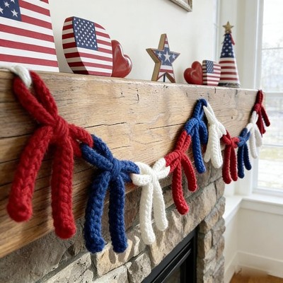 4th of July Decorations 6.6 Ft Patriotic Crochet Bow Garland White Red Blue Knit