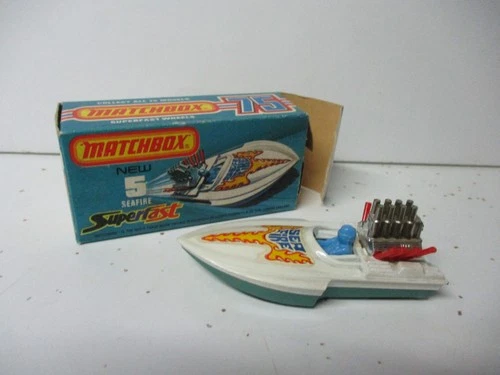 Matchbox Lesney Superfast SF5 Seafire, BLUE-GREEN BASE, black pipes, boxed