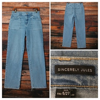 Sincerely Jules Jeans 27 5 High Rise Patch Pocket Ankle Crop Blue Denim Stretch 