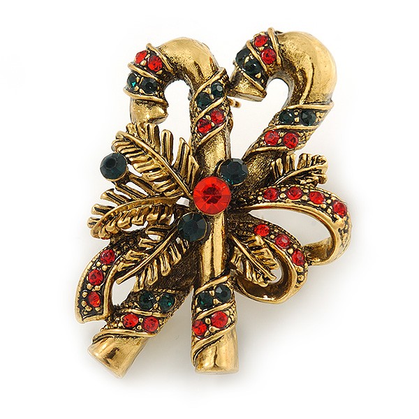 Vintage Inspired Green/ Red Crystal Candy Cane Christmas Brooch In Antique Gold