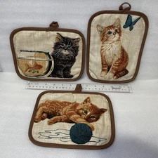 Vintage Kay Dee Designs ~Set of 3 Potholders Pot Holders Linen Cats Kittens