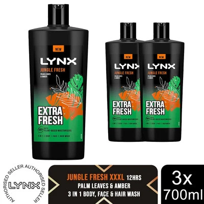 Lynx Body, Face & Hair Wash Shower Gel Extra Fresh Jungle Fresh 700ml, 3pk